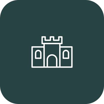 Castle icon on dark green background.