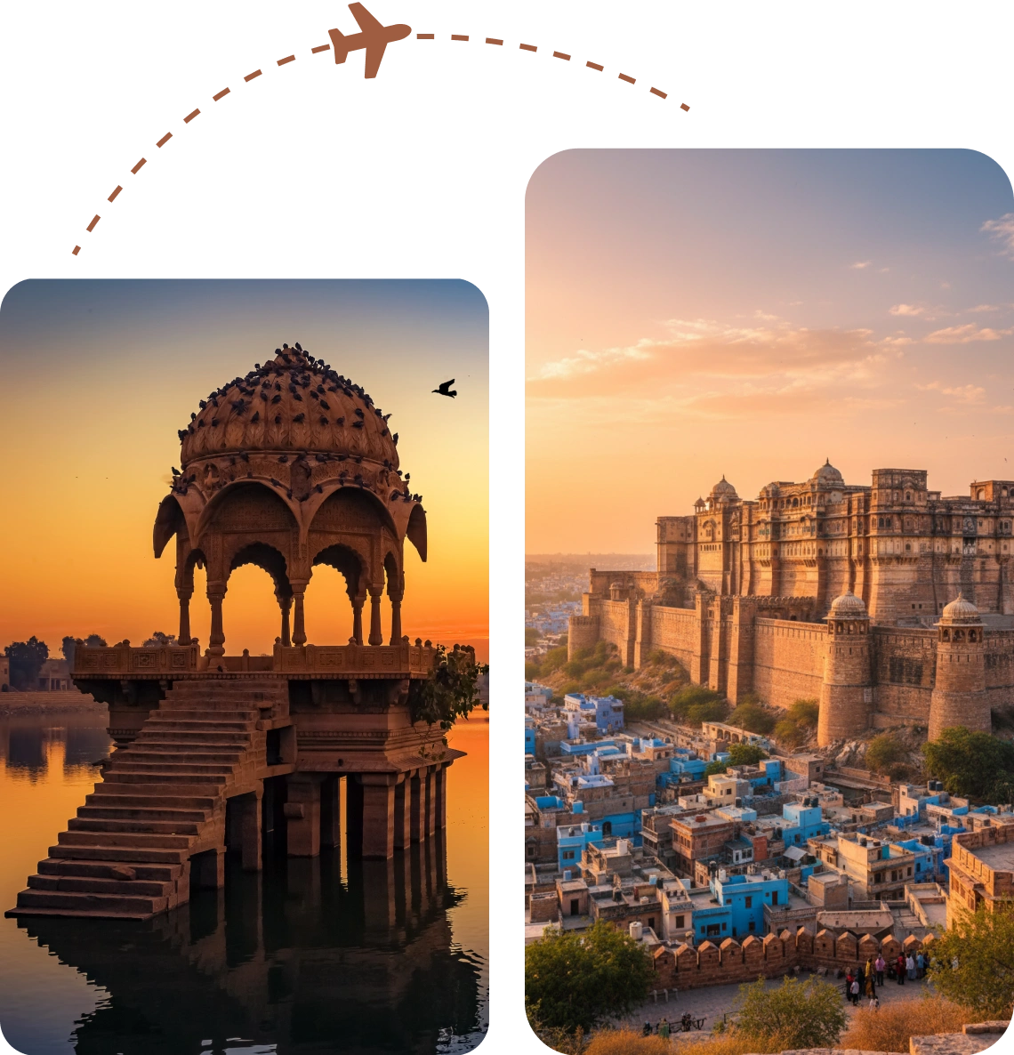 Sunset views of Indian architecture and landscape.