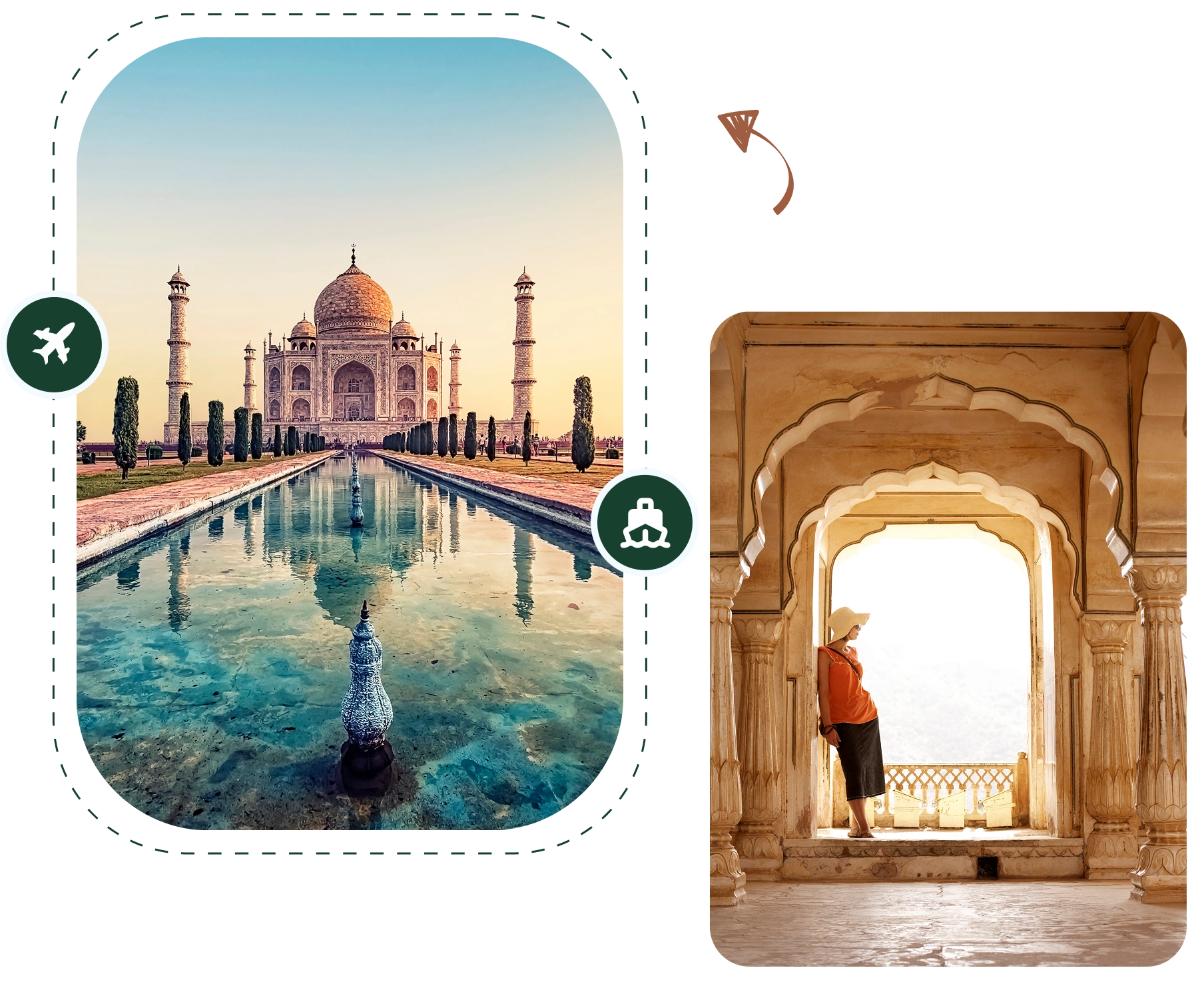 Taj Mahal and person in historic archway.