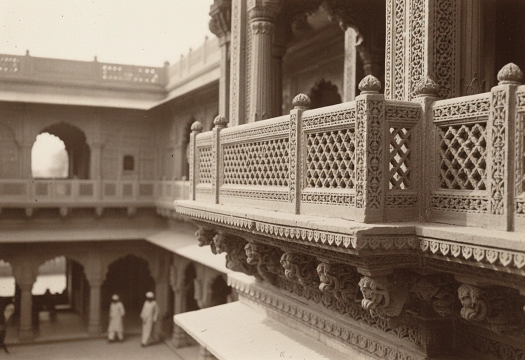 Intricate stone balcony in historical courtyard.