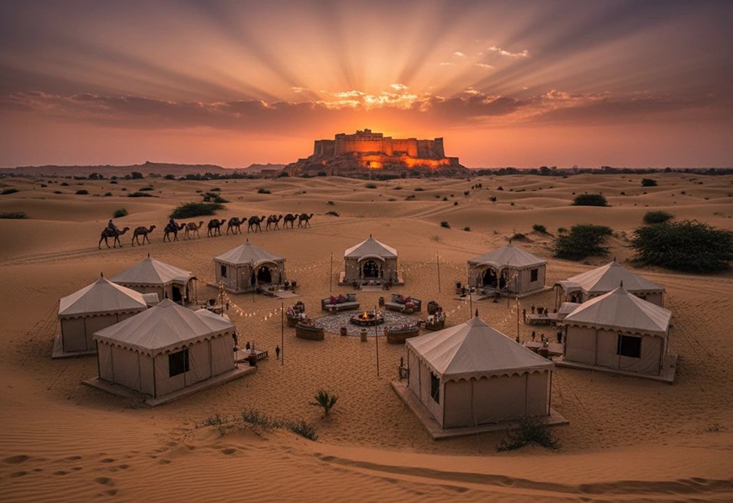 Desert camp with camels and sunset fortress.