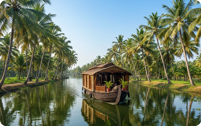 Houseboat on palm-lined tropical waterway.