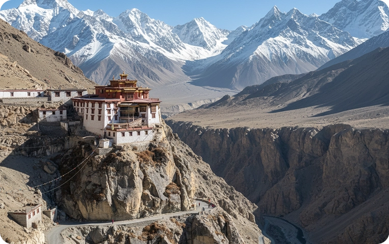 Mountain monastery with snowy peaks in background.