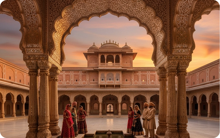 Ornate palace courtyard with people at sunset.