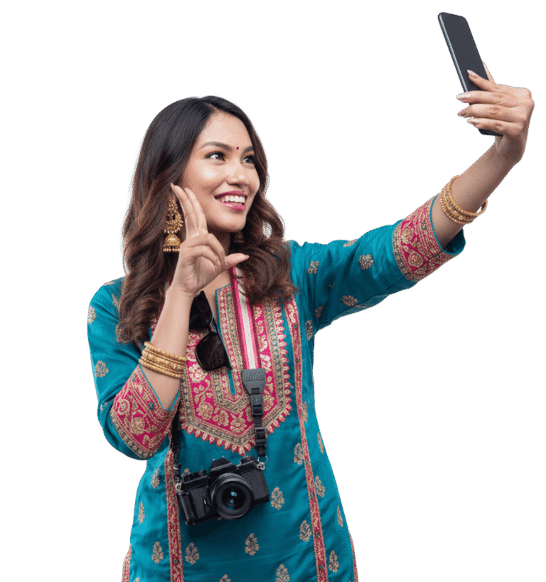 Woman taking selfie with smartphone.